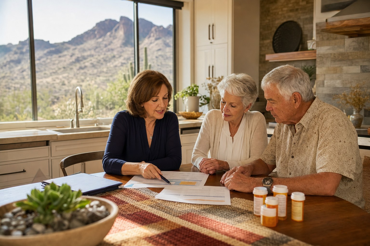 An advisor reviewing Medicare choices with an older couple at their kitchen table