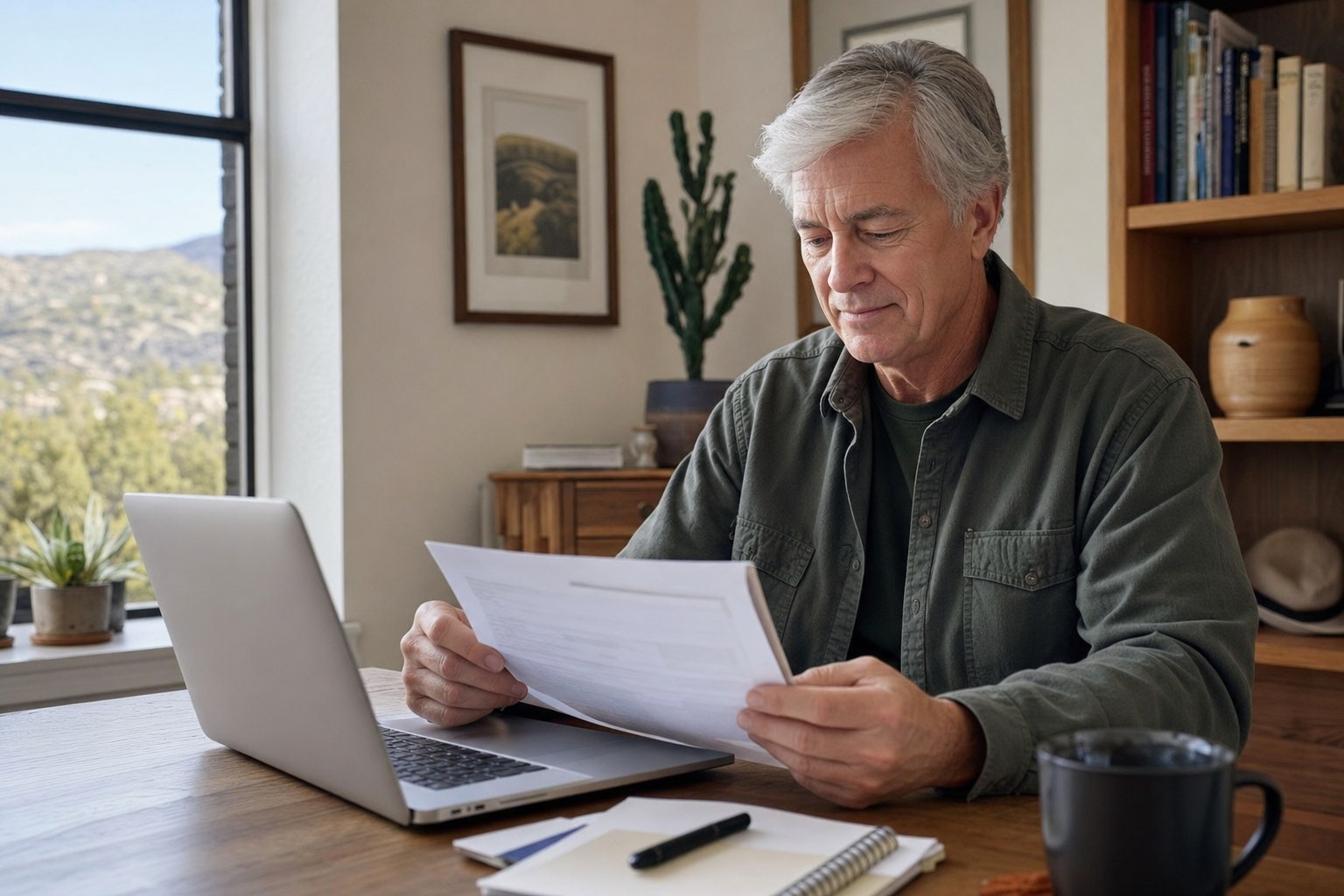 Man reviewing paperwork and a laptop at home